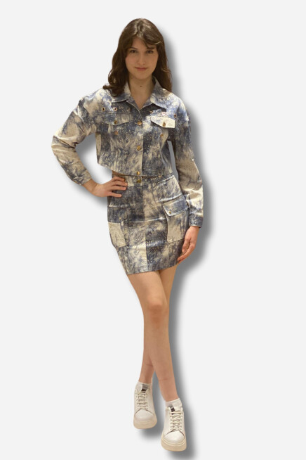 batik baskı oversize ceket ve mini etek cep detaylı ikili takım Favori Tekstil