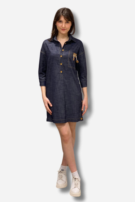 denim kumaş yan kısmı düğme detaylı tasarım elbise
