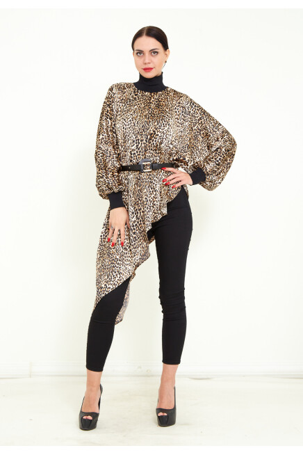 Favori Tekstil leopar desenli saten kemer detaylı tasarım bluz
