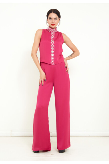 Favori Tekstil geniş paça pantolon yırtmaç detaylı bluz taş detaylı şık ikili saten takım