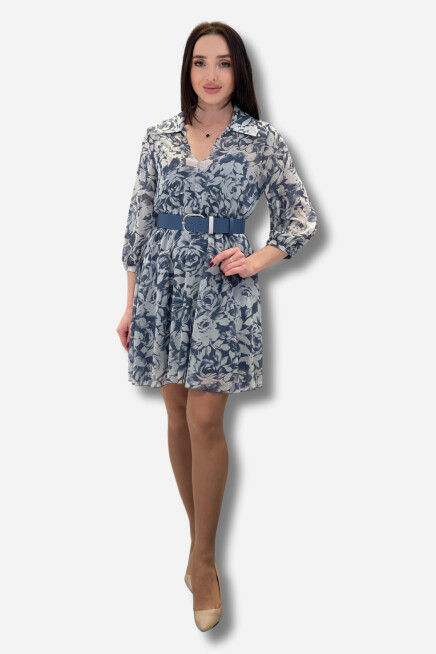 Favori Tekstil Çiçek Desenli Krep Şifon Kemer Aksesuar Midi Elbise
