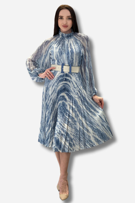 Favori Tekstil Kol Kısmı Bombe Etek Kısmı Pileli Kemer Detaylı Saten Elbise