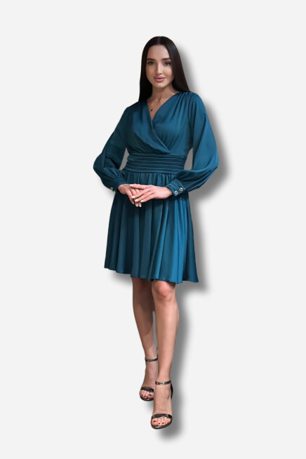 Favori Tekstil Kruvaze Yaka Etek Kısmı Volanlı Uzun Kol Tasarım Elbise