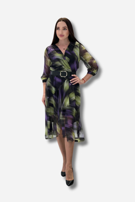 Favori Tekstil Kruvaze Yaka Kemer Detaylı Şifon Emprime Desenli Tasarım Elbise