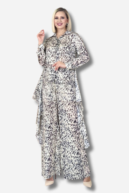 Favori Tekstil leopar desenli ön kısmı bağlamalı ikili takım