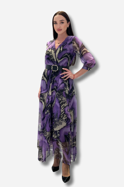 Favori Tekstil şifon bohemian desen v yaka kemer detaylı tasarım elbise