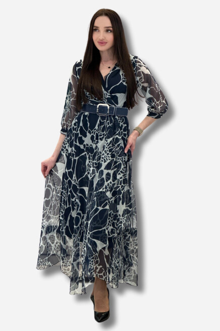 Favori Tekstil Şifon Mermer Desen Kruvaze Yaka Kemerli Elbise