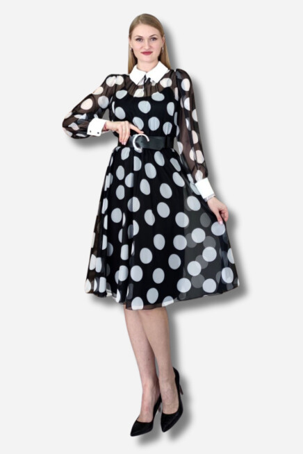 Favori Tekstil Şifon Puantiye Desenli Kemer Detaylı Midi Elbise