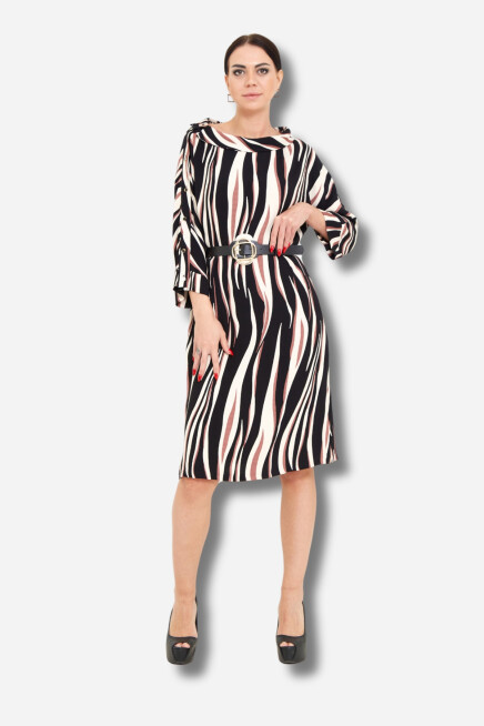 Favori Tekstil Zebra Desen Kemer Detaylı Tasarım Midi Elbise