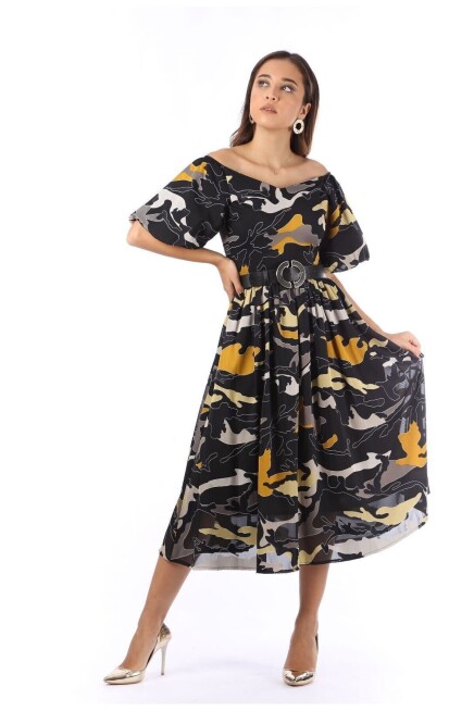 Favori Tekstil Renkli Desenli Şifon Elbise