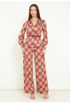 Favori Tekstil Geniş Paça Pantolon Dügmeli Bluz Kemer Detaylı Şık Desenli İkili Saten Takım