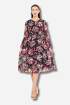 Favori Tekstil Dijital Baskı Çiçek Ve Varak Desenli Kemer Detaylı Midi Şifon Elbise