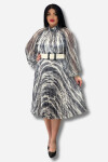 Favori Tekstil Kol Kısmı Bombe Etek Kısmı Pileli Kemer Detaylı Saten Elbise (Büyük Beden)