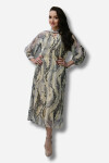 Favori Tekstil Kol Kısmı Bombe Yaprak Desen Kemer Detaylı Elbise