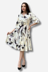 Favori Tekstil kruvaze yaka dijital baskı etek ucu piliseli kemer detaylı elbise