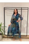 Favori Tekstil Kruvaze Yaka Uzun Kol Kemer Detaylı Volanlı Tasarım Elbise