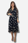 Favori Tekstil Yaprak Desenli Kruvaze Yaka Şifon Kemerli Elbise