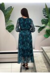 Favori Tekstil Yaprak Desenli Şifon Kemer Detaylı Elbise